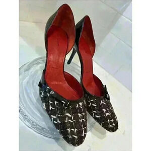 ST. JOHN COUTURE d'Orsay Brown Patent Leather Tweed Pumps/Heels 9 Made in Italy
